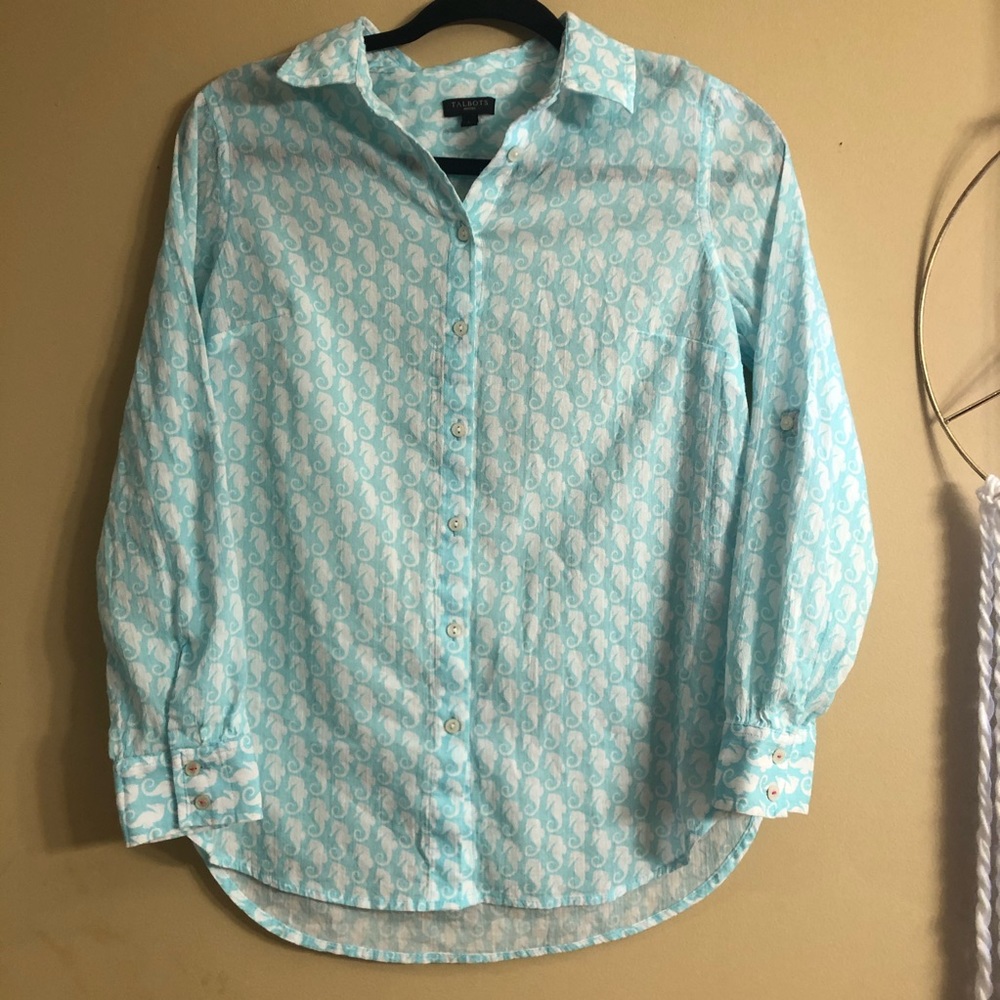 Talbots Petites Blue Sea Horse Button Down Shirt